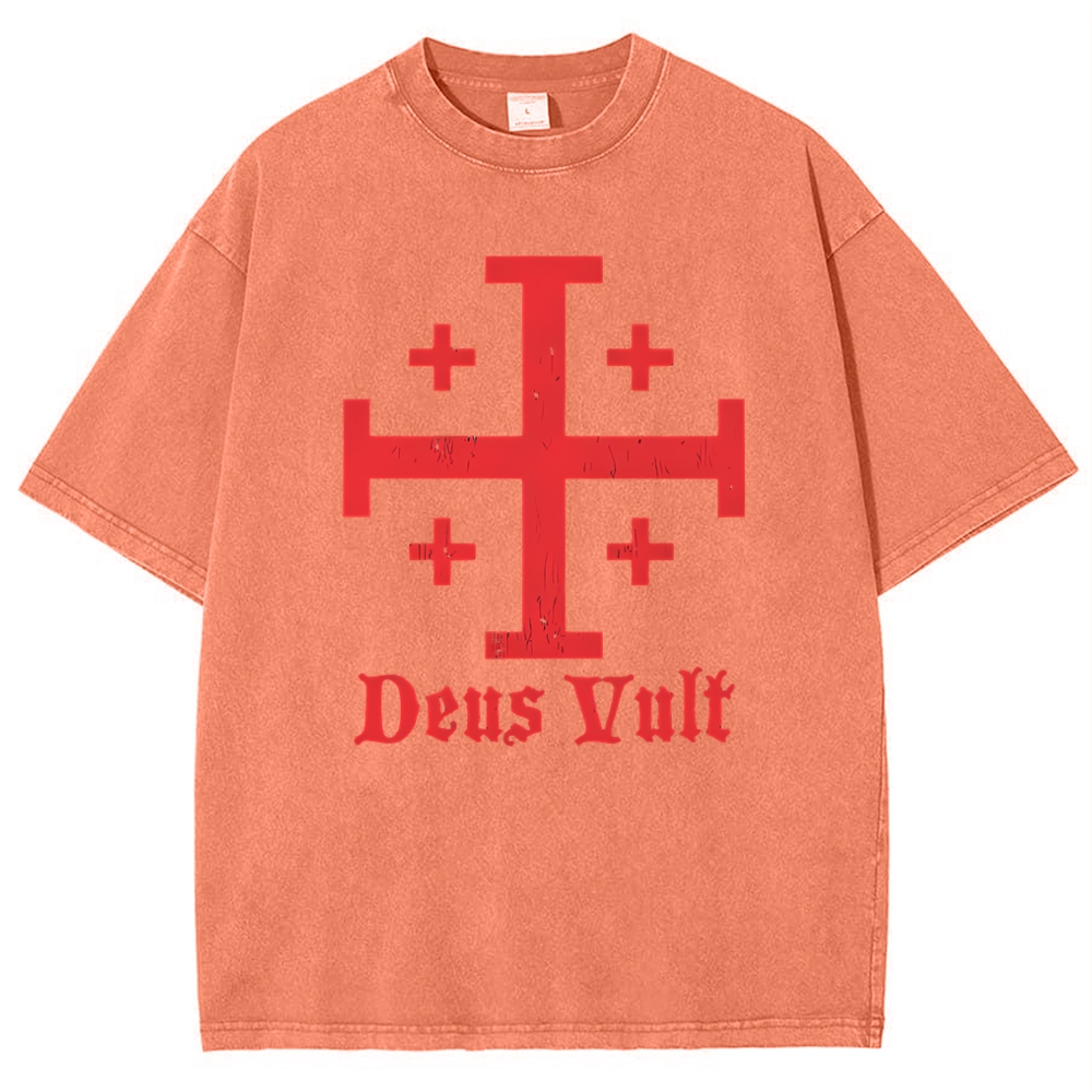 Jerusalem Cross Deus Vult Snowflake Vintage Cotton T-Shirt
