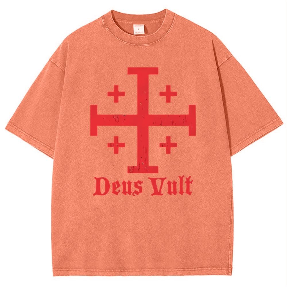 Jerusalem Cross Deus Vult Snowflake Vintage Cotton T-Shirt