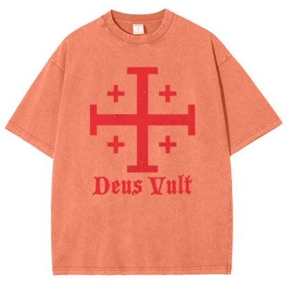 Jerusalem Cross Deus Vult Snowflake Vintage Cotton T-Shirt