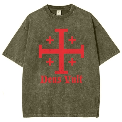 Jerusalem Cross Deus Vult Snowflake Vintage Cotton T-Shirt