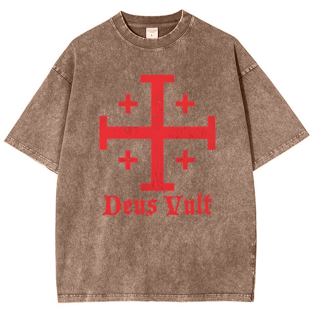 Jerusalem Cross Deus Vult Snowflake Vintage Cotton T-Shirt
