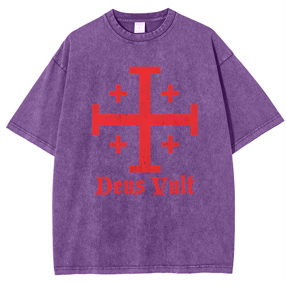 Jerusalem Cross Deus Vult Snowflake Vintage Cotton T-Shirt
