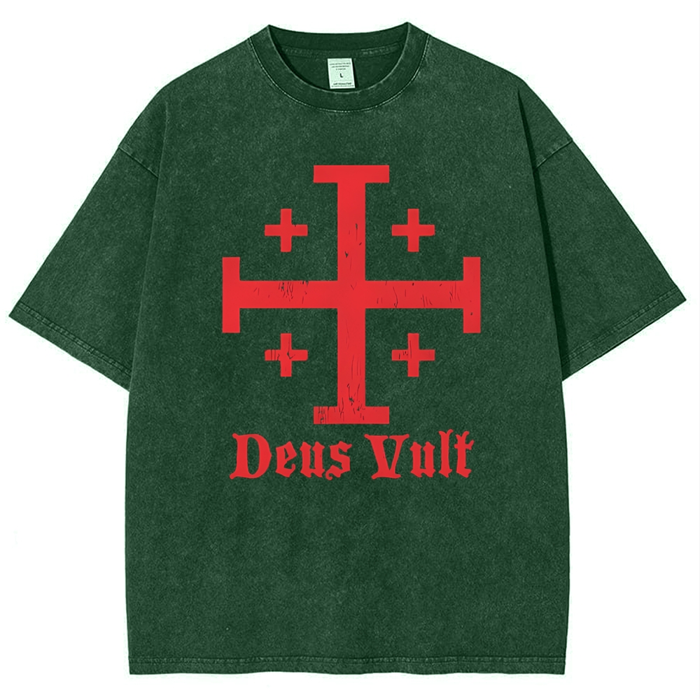 Jerusalem Cross Deus Vult Snowflake Vintage Cotton T-Shirt