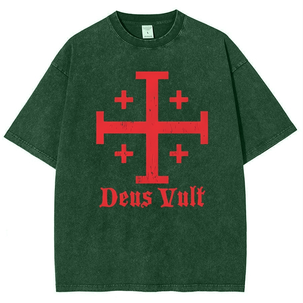 Jerusalem Cross Deus Vult Snowflake Vintage Cotton T-Shirt