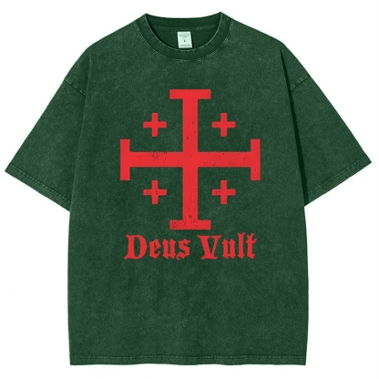 Jerusalem Cross Deus Vult Snowflake Vintage Cotton T-Shirt