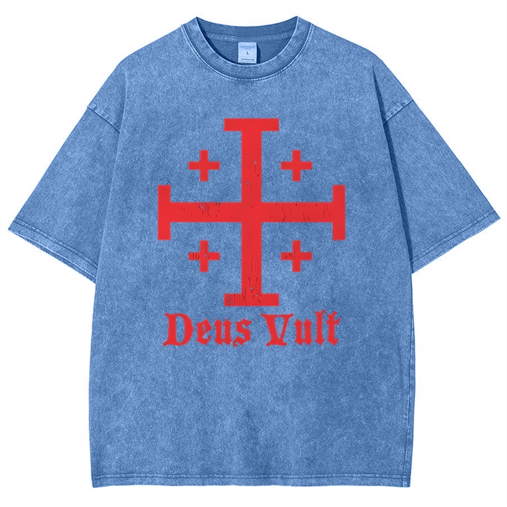 Jerusalem Cross Deus Vult Snowflake Vintage Cotton T-Shirt