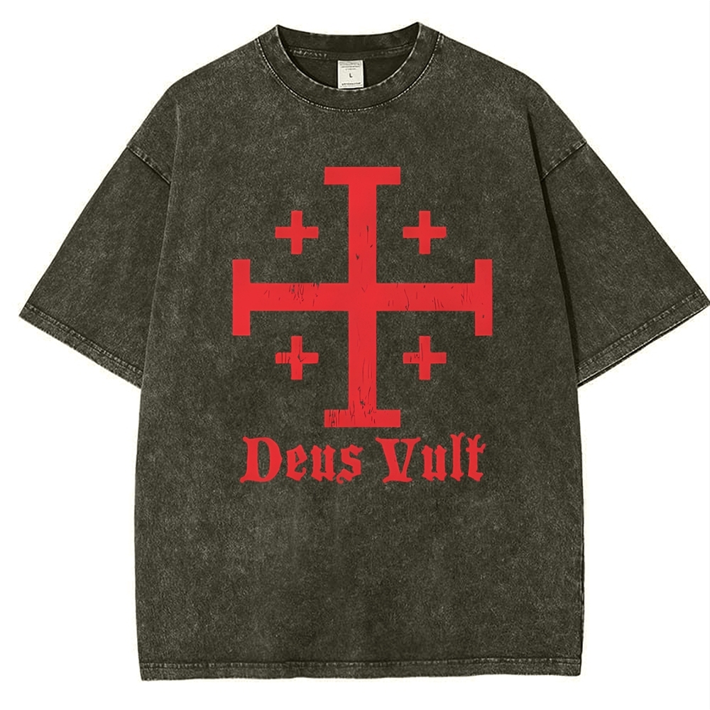 Jerusalem Cross Deus Vult Snowflake Vintage Cotton T-Shirt