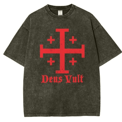 Jerusalem Cross Deus Vult Snowflake Vintage Cotton T-Shirt