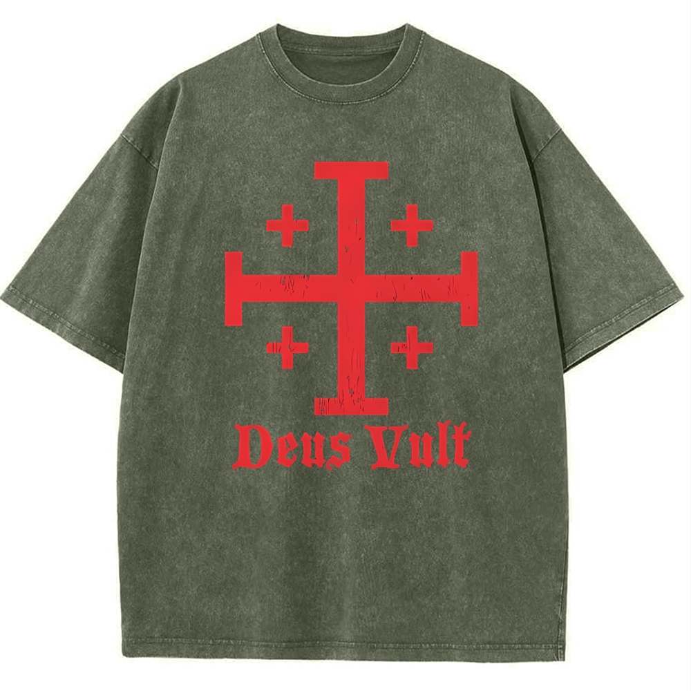 Jerusalem Cross Deus Vult Snowflake Vintage Cotton T-Shirt