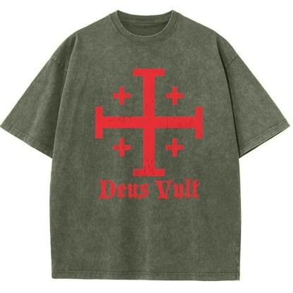 Jerusalem Cross Deus Vult Snowflake Vintage Cotton T-Shirt