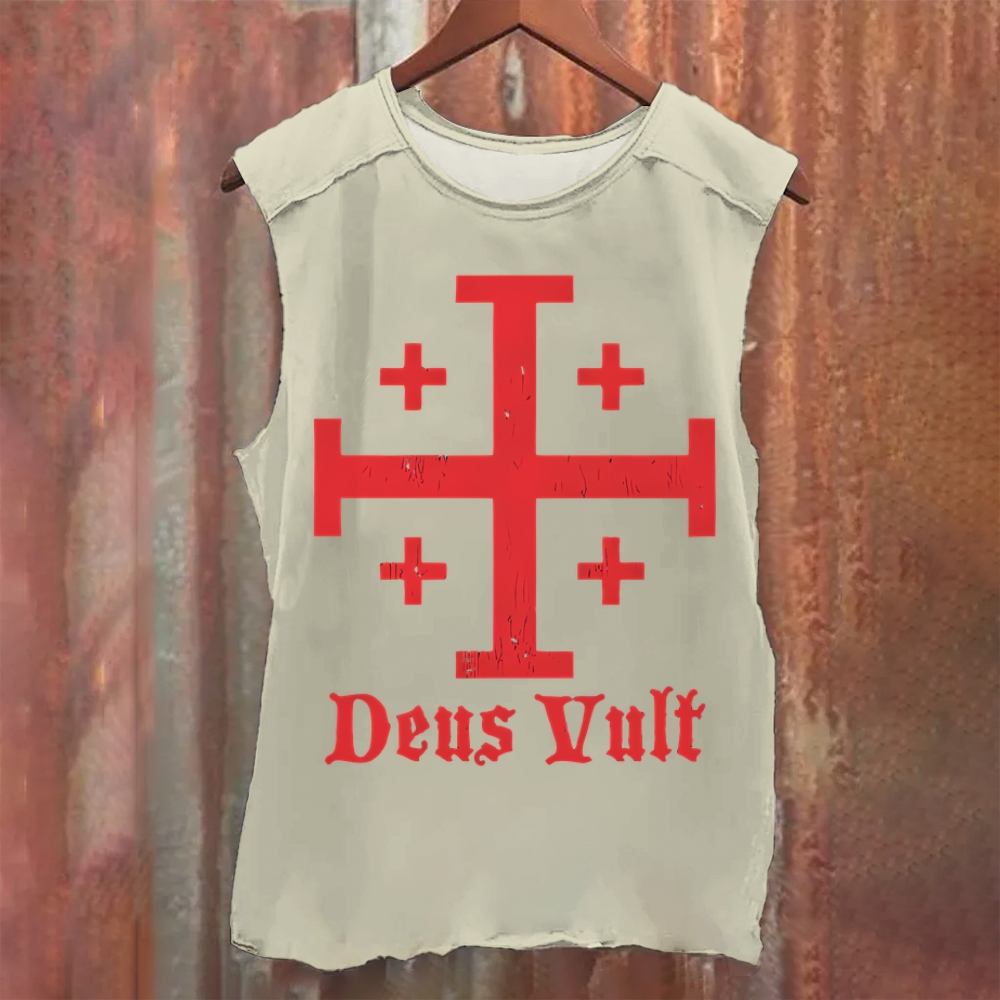 Jerusalem Cross Deus Vult Vintage Washed Tank Top