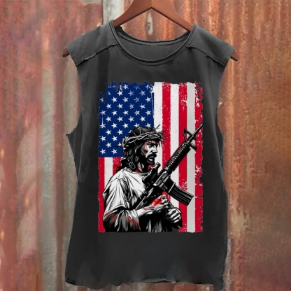 Jesus Protects America  Vintage Washed Tank Top