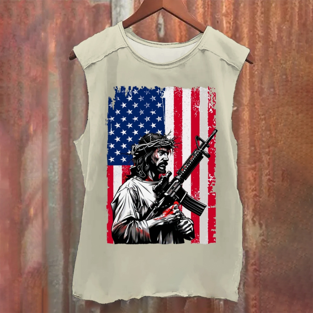 Jesus Protects America  Vintage Washed Tank Top