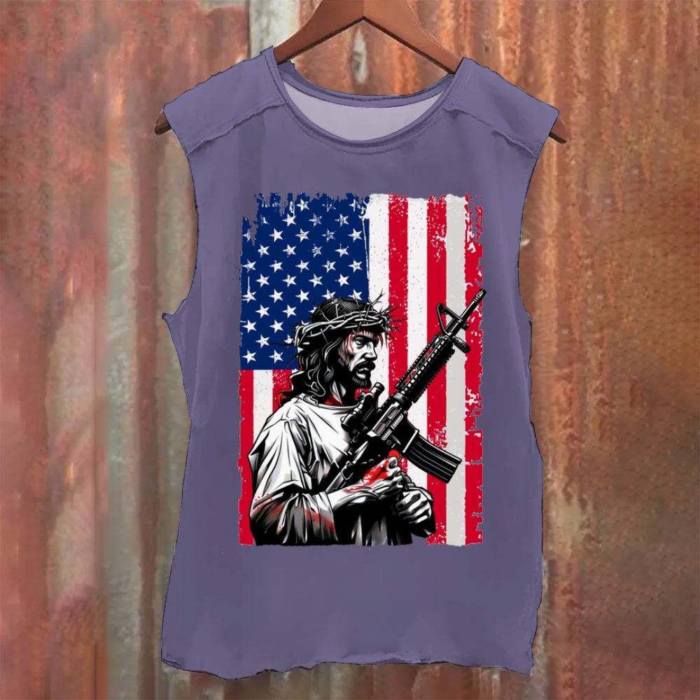 Jesus Protects America  Vintage Washed Tank Top
