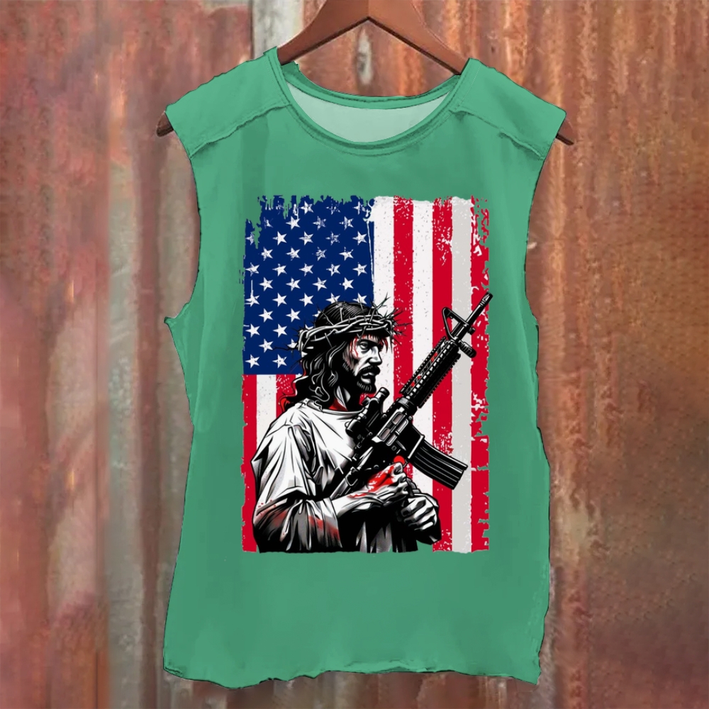 Jesus Protects America  Vintage Washed Tank Top