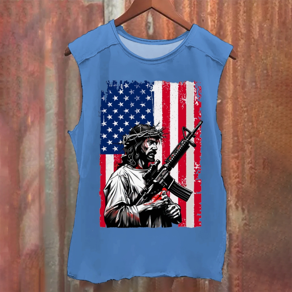 Jesus Protects America  Vintage Washed Tank Top