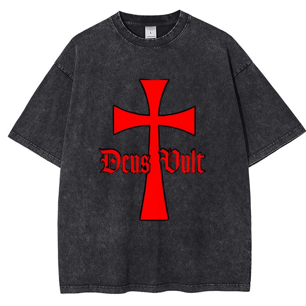 Deus Vult Knights Templar Cross Snowflake Vintage Cotton T-Shirt