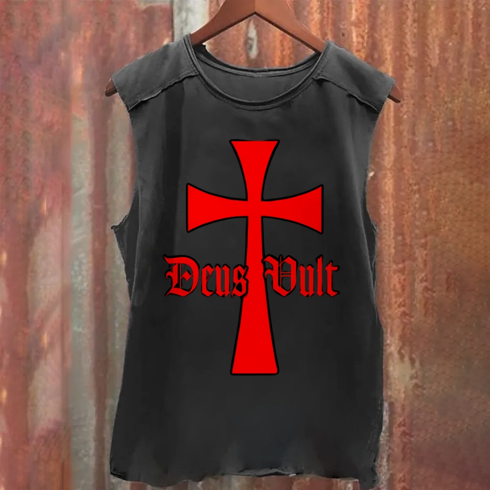 Deus Vult Knights Templar Cross Vintage Washed Tank Top