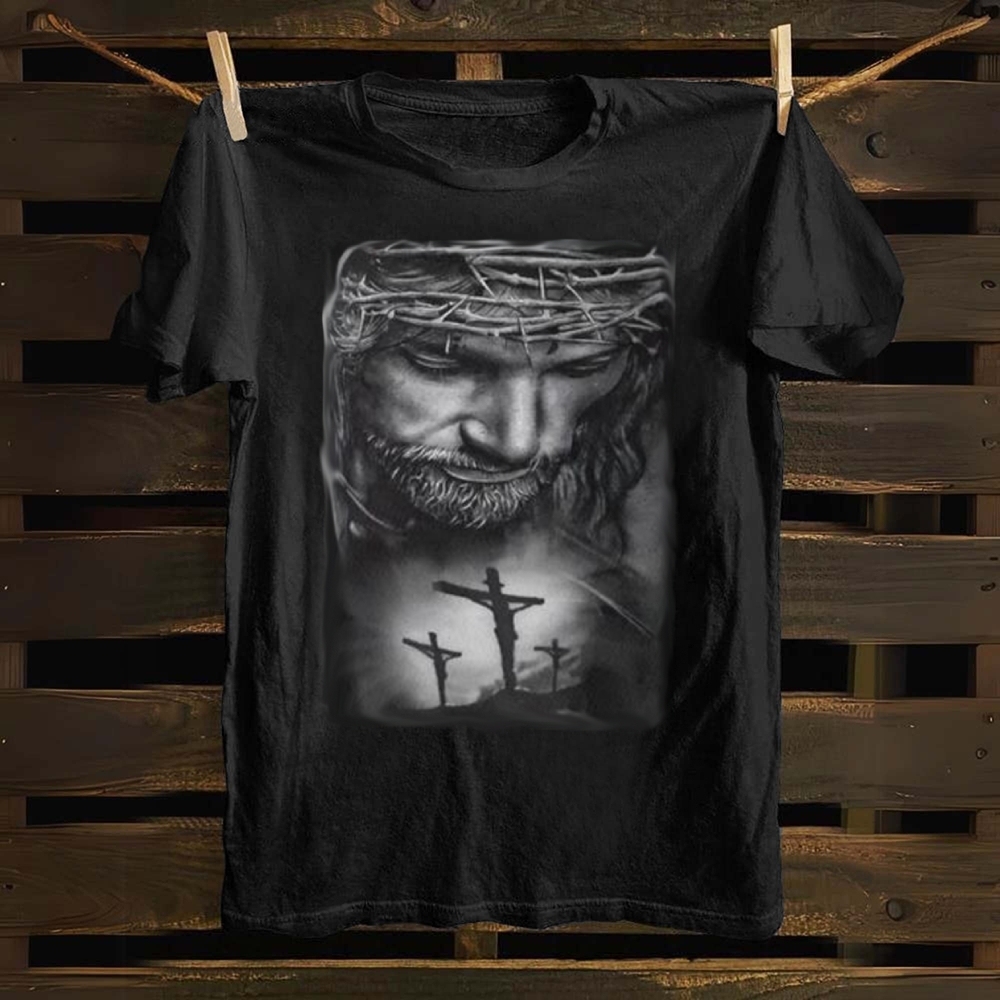 Jesus Christ with Thorns and 3 Crosses Cotton T-shirt