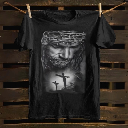 Jesus Christ with Thorns and 3 Crosses Cotton T-shirt