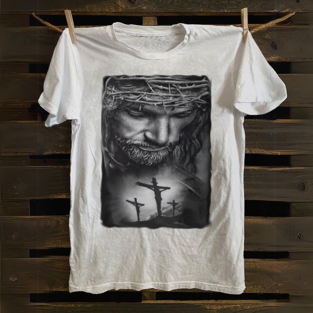 Jesus Christ with Thorns and 3 Crosses Cotton T-shirt