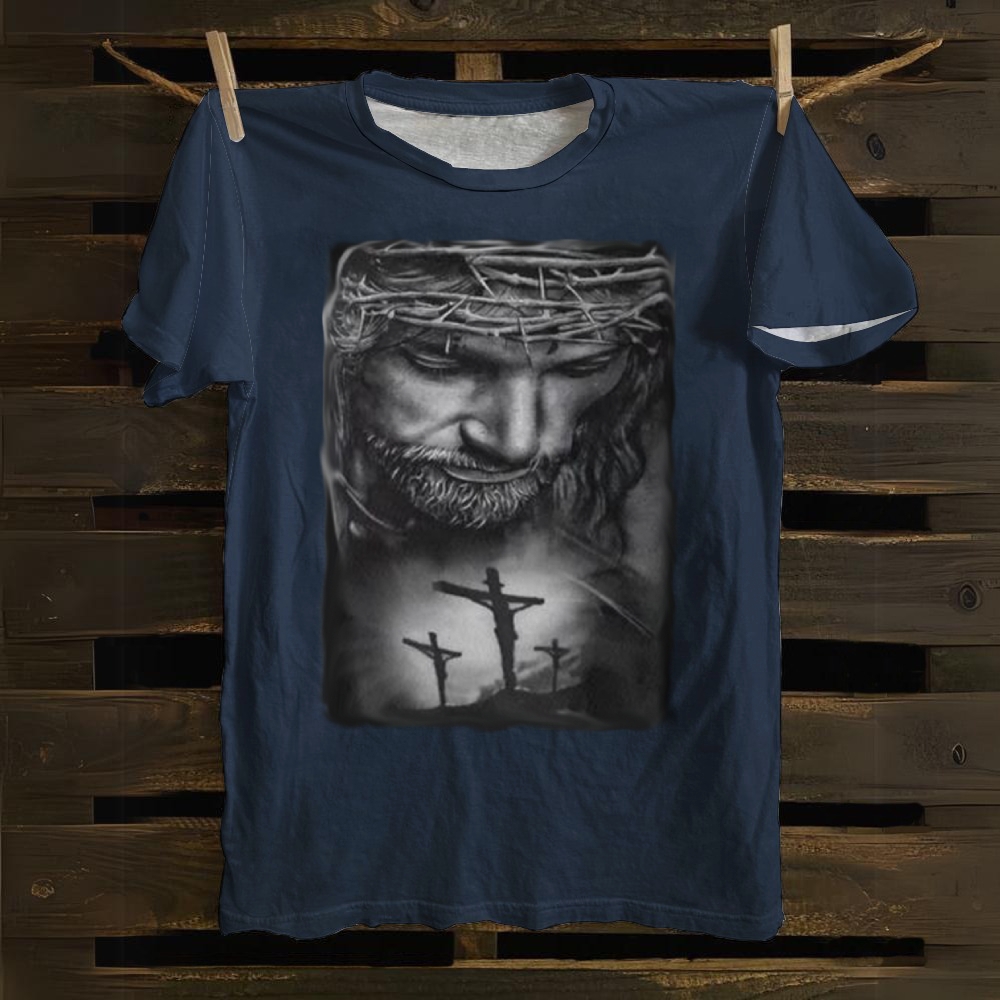 Jesus Christ with Thorns and 3 Crosses Cotton T-shirt