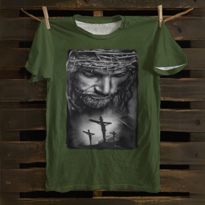 Jesus Christ with Thorns and 3 Crosses Cotton T-shirt