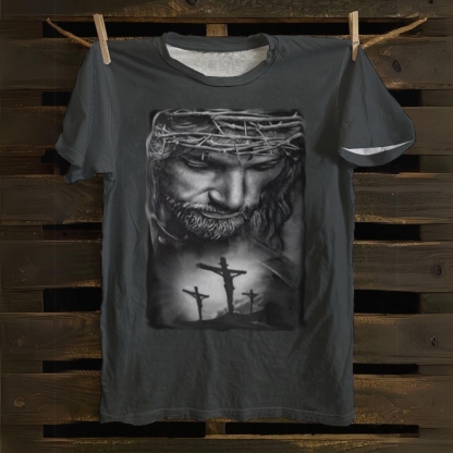 Jesus Christ with Thorns and 3 Crosses Cotton T-shirt