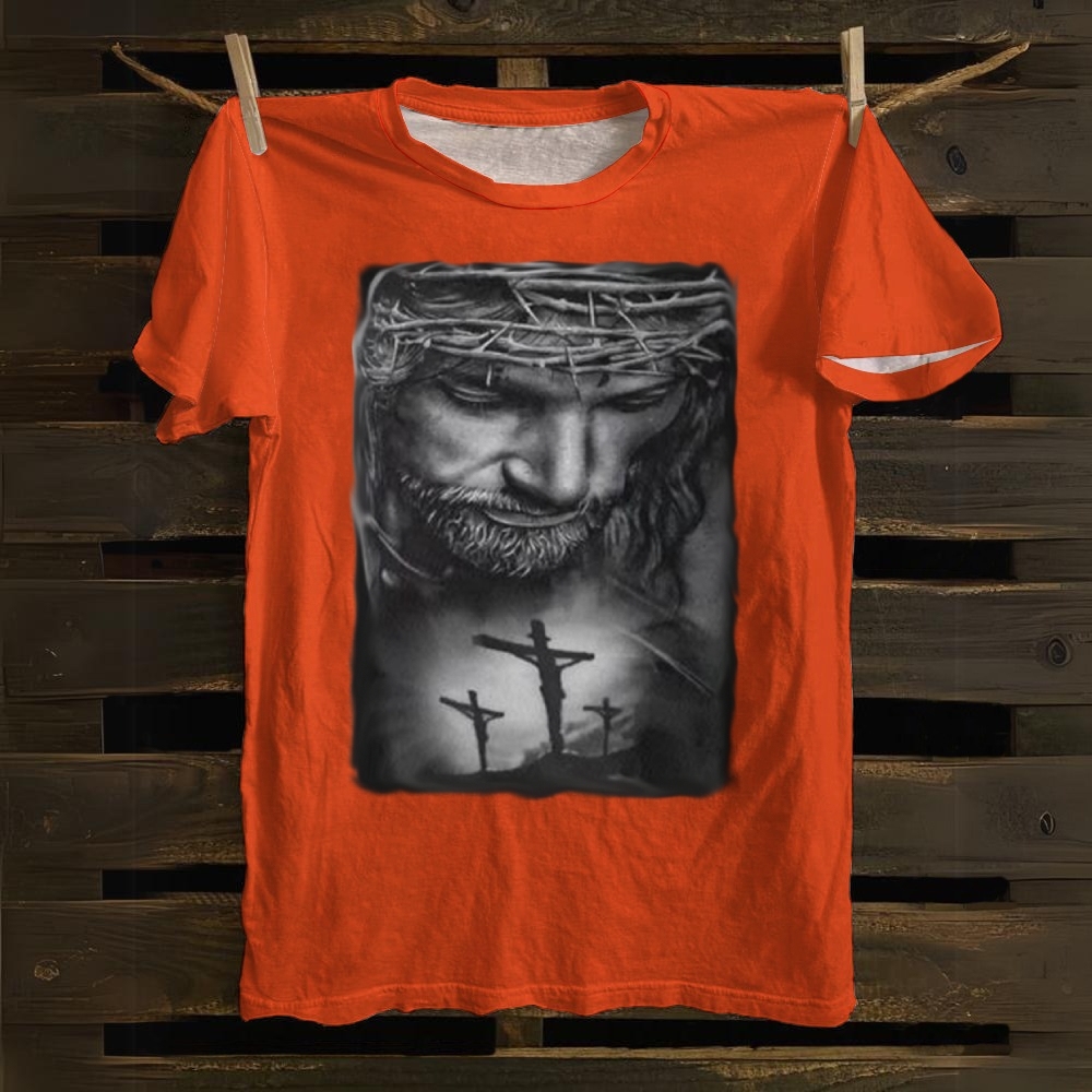 Jesus Christ with Thorns and 3 Crosses Cotton T-shirt