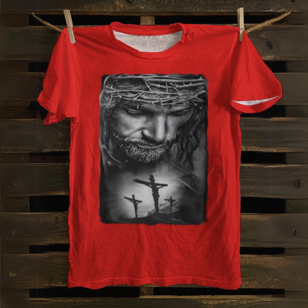 Jesus Christ with Thorns and 3 Crosses Cotton T-shirt