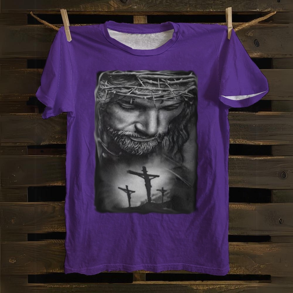 Jesus Christ with Thorns and 3 Crosses Cotton T-shirt