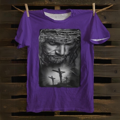 Jesus Christ with Thorns and 3 Crosses Cotton T-shirt