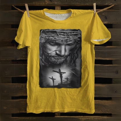 Jesus Christ with Thorns and 3 Crosses Cotton T-shirt