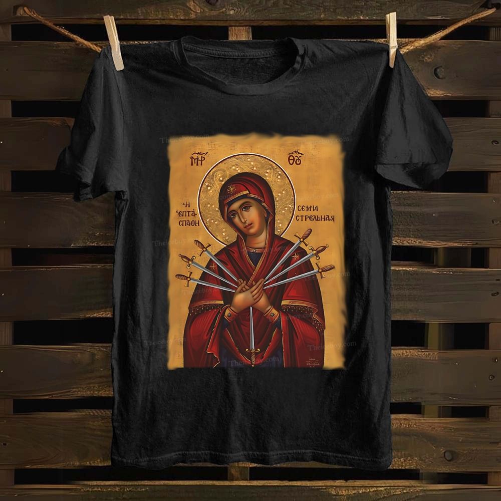Theotokos Virgin Mary of 7 Seven Swords Greek Orthodox Icon Cotton T-shirt