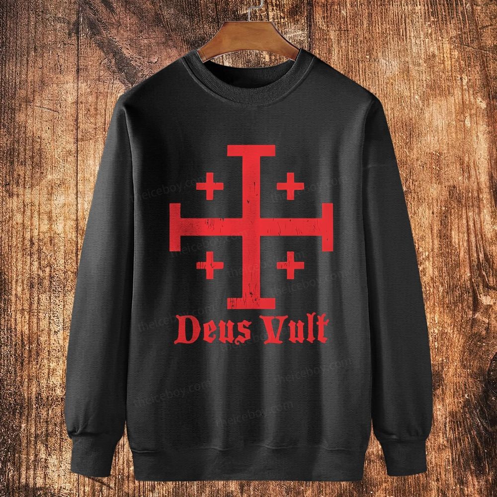 Jerusalem Cross Deus Vult Cotton Crewneck Sweatshirt