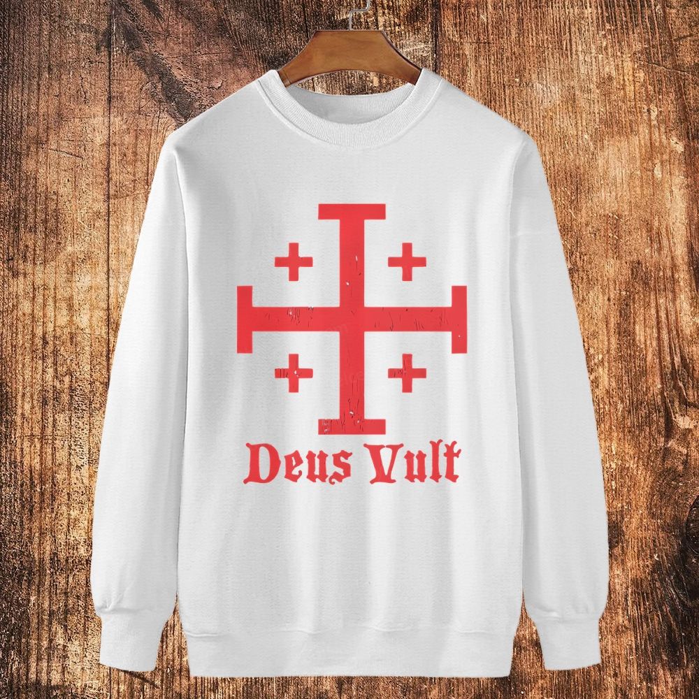 Jerusalem Cross Deus Vult Cotton Crewneck Sweatshirt