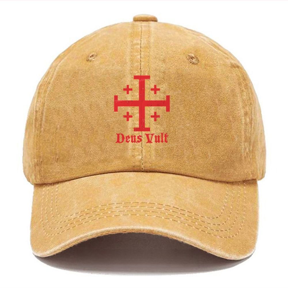 Jerusalem Cross Deus Vult Unisex Vintage Casual Washed Cap