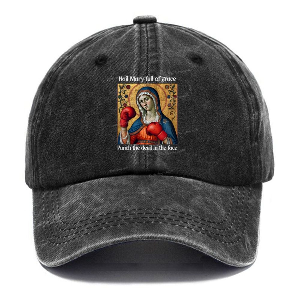 Hail Mary Full of Grace Punch the Devil in the Face Unisex Vintage Casual Washed Cap 2508001913
