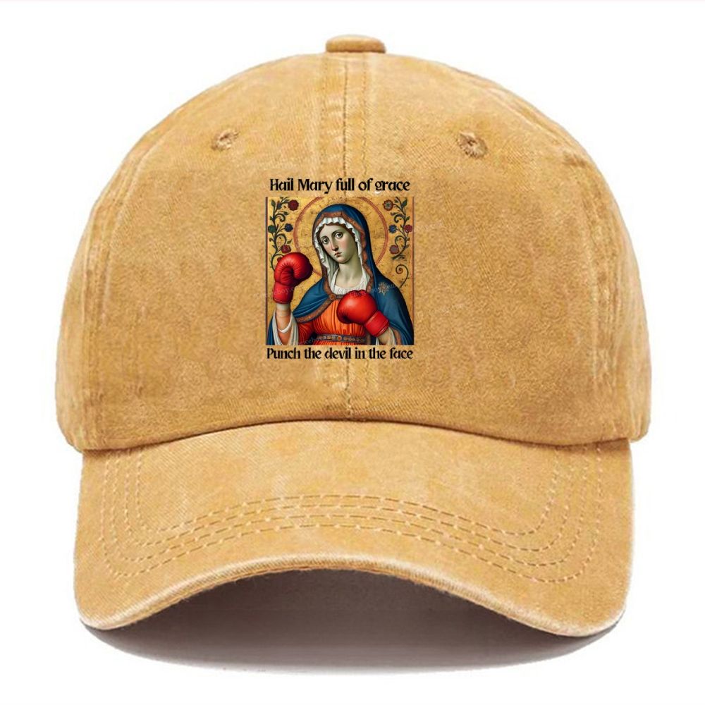 Hail Mary Full of Grace Punch the Devil in the Face Unisex Vintage Casual Washed Cap 2508001913