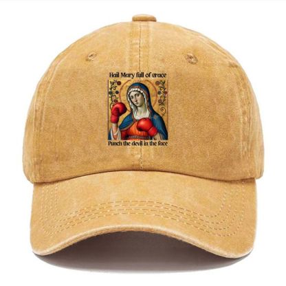 Hail Mary Full of Grace Punch the Devil in the Face Unisex Vintage Casual Washed Cap 2508001913
