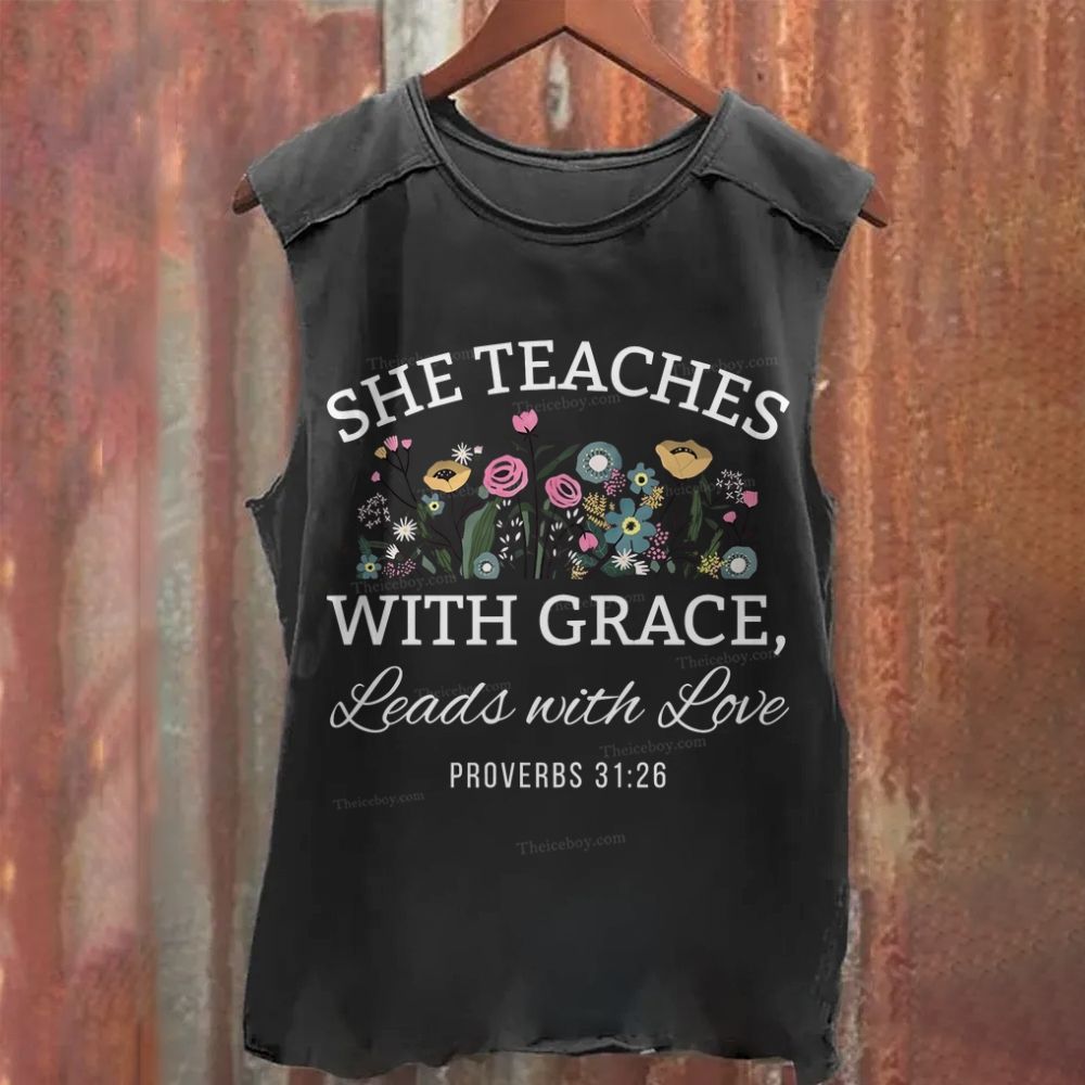 She Teaches With Grace Leads With Love Washed Tank Top
