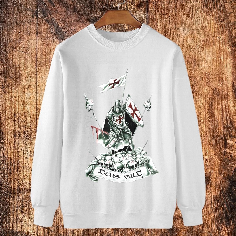 Deus Vult Knight templar with bloody sword on the skulls Cotton Crewneck Sweatshirt