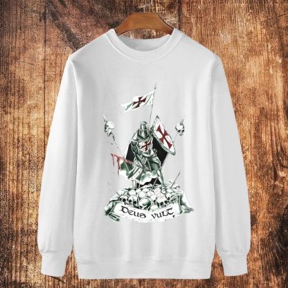 Deus Vult Knight templar with bloody sword on the skulls Cotton Crewneck Sweatshirt