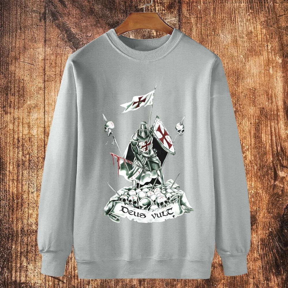Deus Vult Knight templar with bloody sword on the skulls Cotton Crewneck Sweatshirt