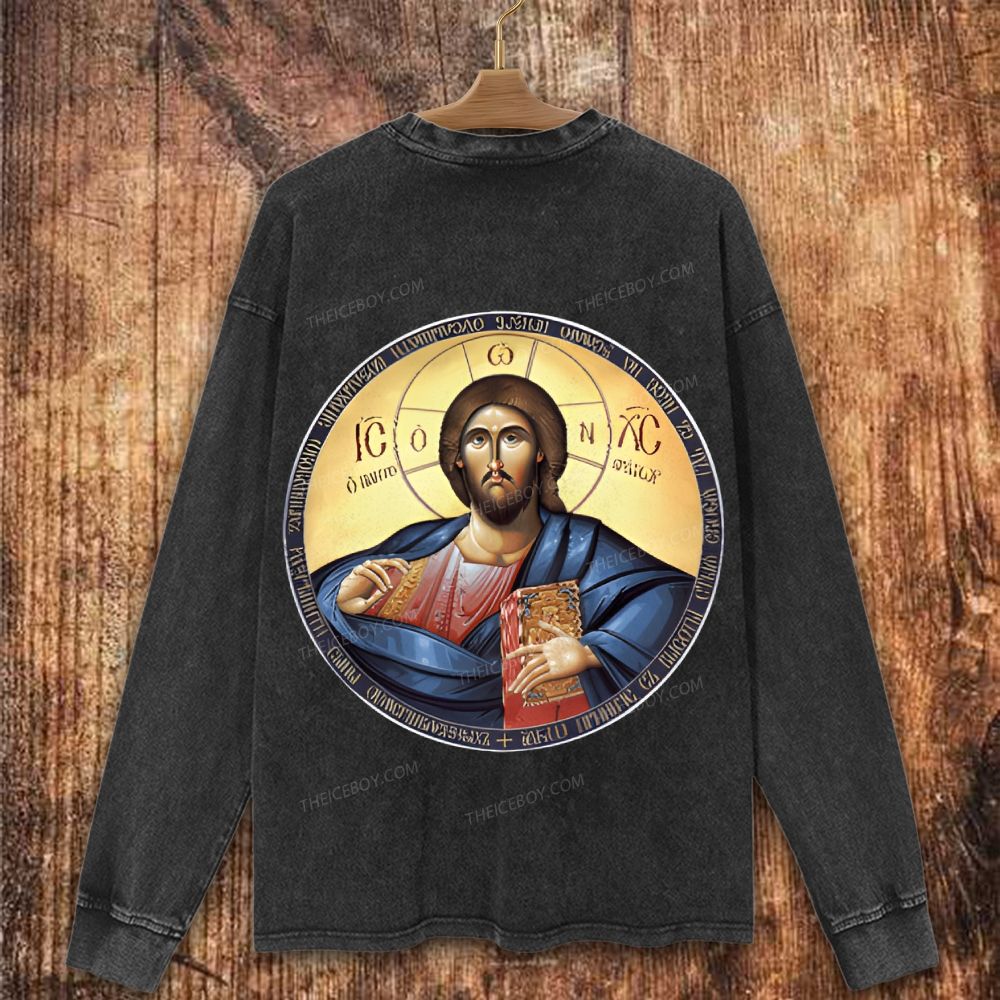Jesus Christ Pantocrator Orthodox Icon Christian Washed Sweatshirt