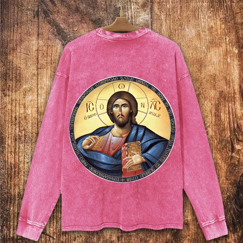Jesus Christ Pantocrator Orthodox Icon Christian Washed Sweatshirt