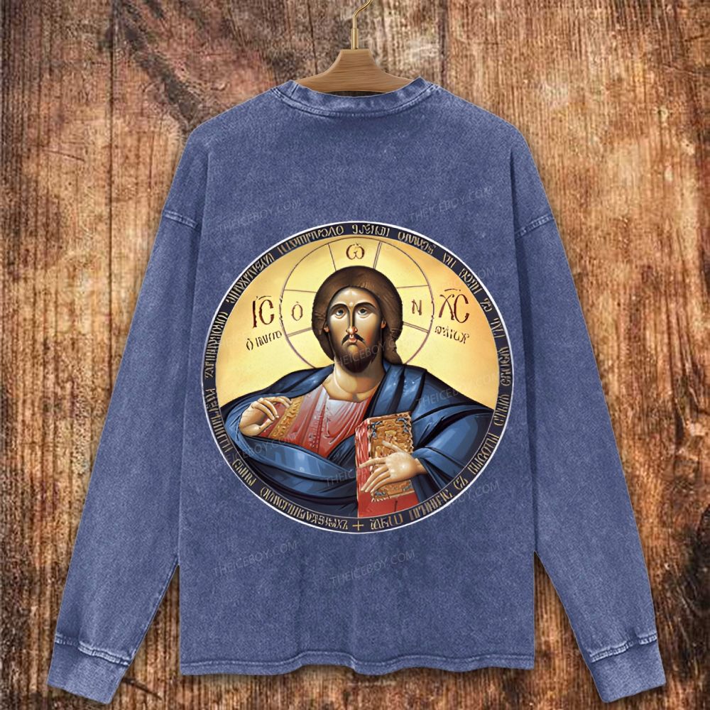 Jesus Christ Pantocrator Orthodox Icon Christian Washed Sweatshirt