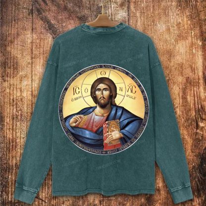 Jesus Christ Pantocrator Orthodox Icon Christian Washed Sweatshirt
