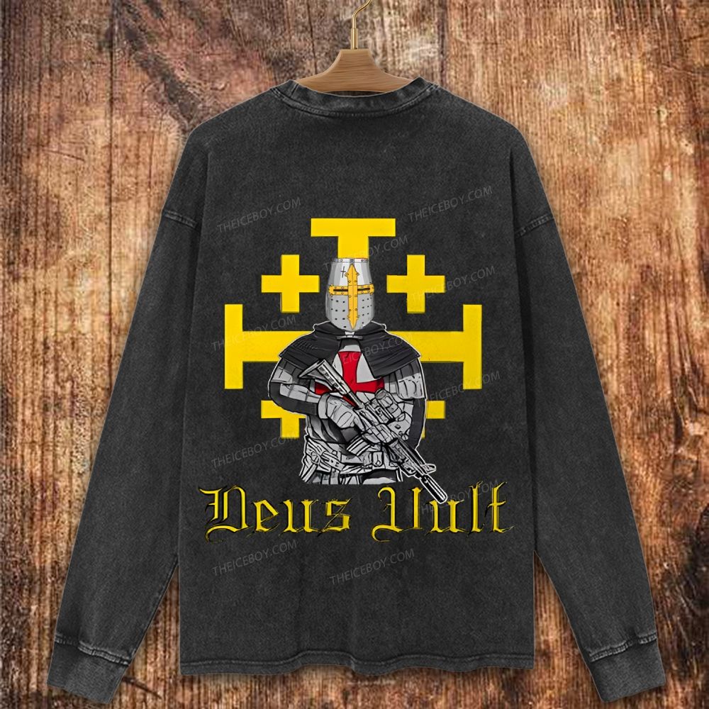 Deus Vult Crusader Bold Graphic Christian Washed Sweatshirt