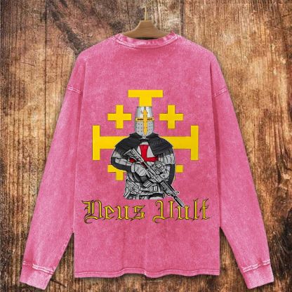 Deus Vult Crusader Bold Graphic Christian Washed Sweatshirt